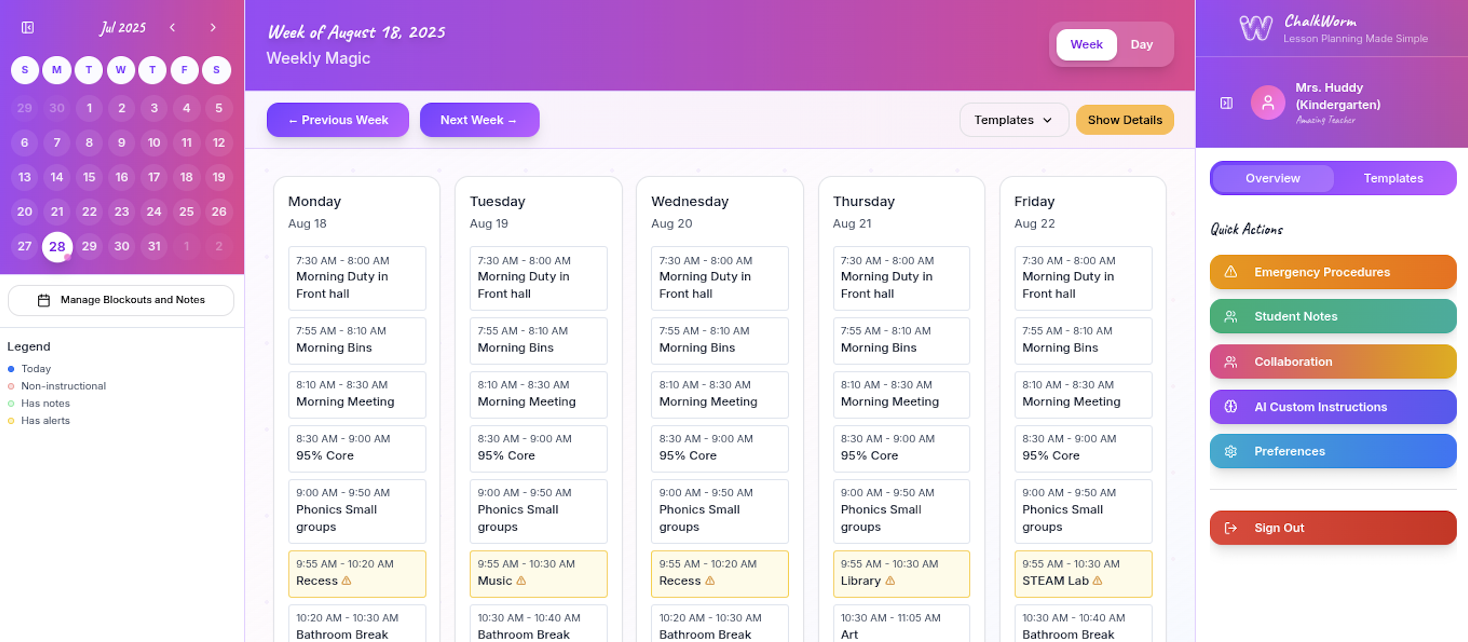 ChalkWorm weekly lesson planner with daily time blocks, reusable templates, and classroom instructions